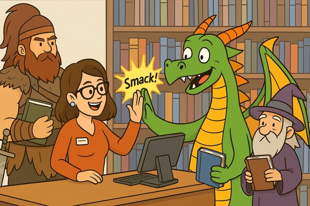 A dragon high-fiving a librarian